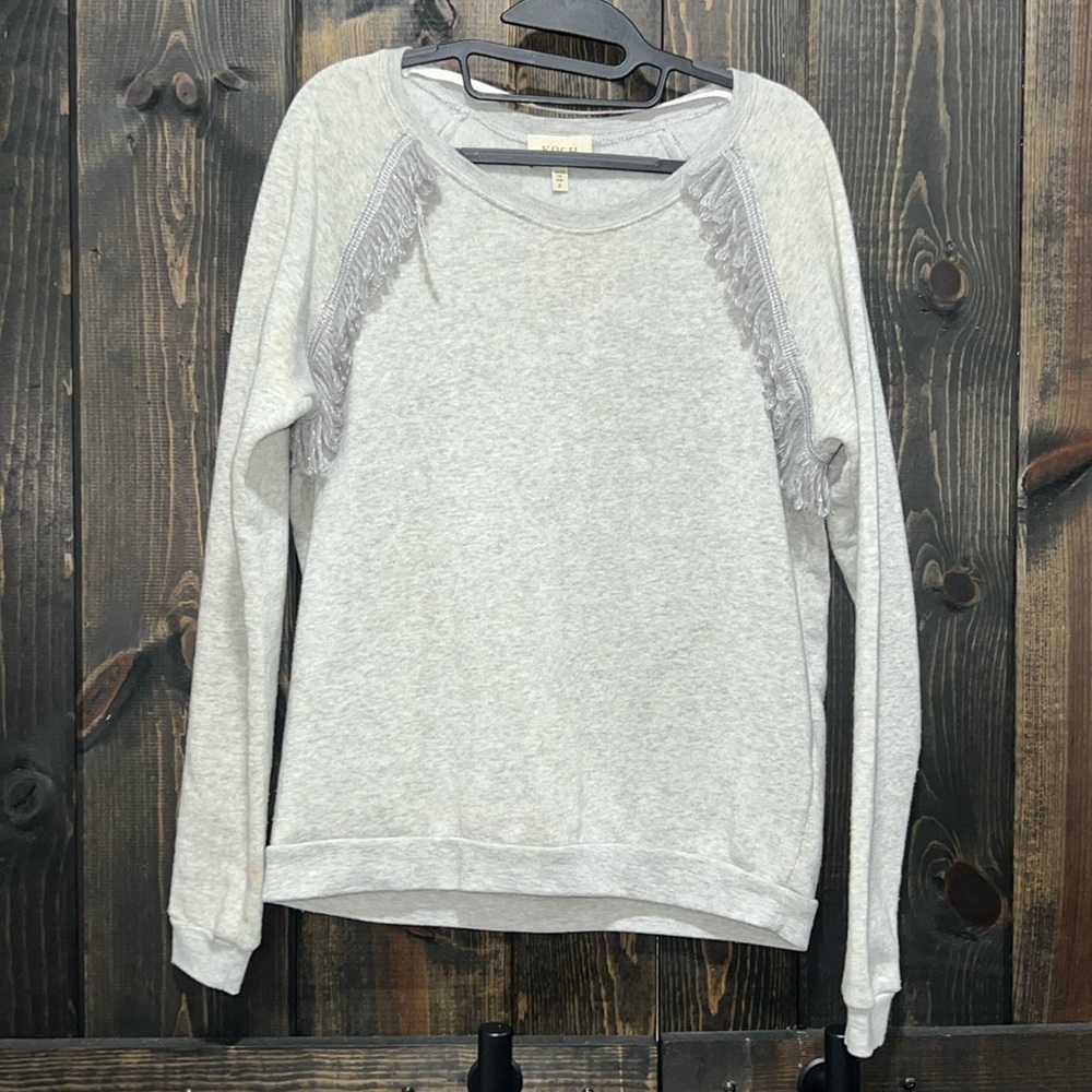 KOCH Sweater Size S Grey Fringe Boho Soft Cotton Blend Holiday Metallic‎